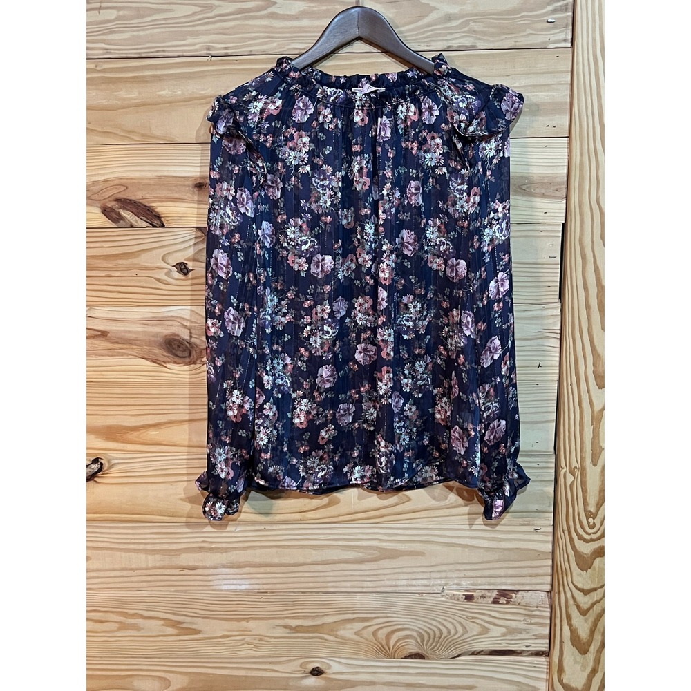Ces Femme Women's Large Long Sleeve Sheer Ruffle Metallic Stripe Floral Blouse
